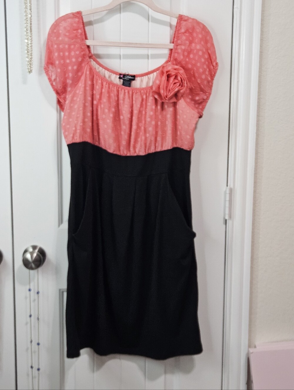 Coral and Black Two-Tone Scoop Dress with Rosette